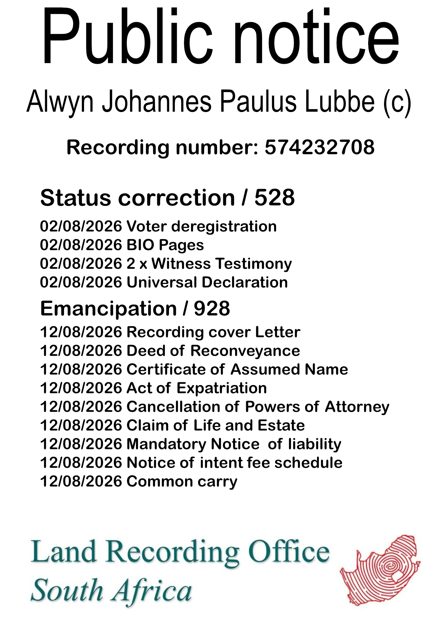 Public notice Alwyn Johannes Paulus Lubbe Recording number 574232708
